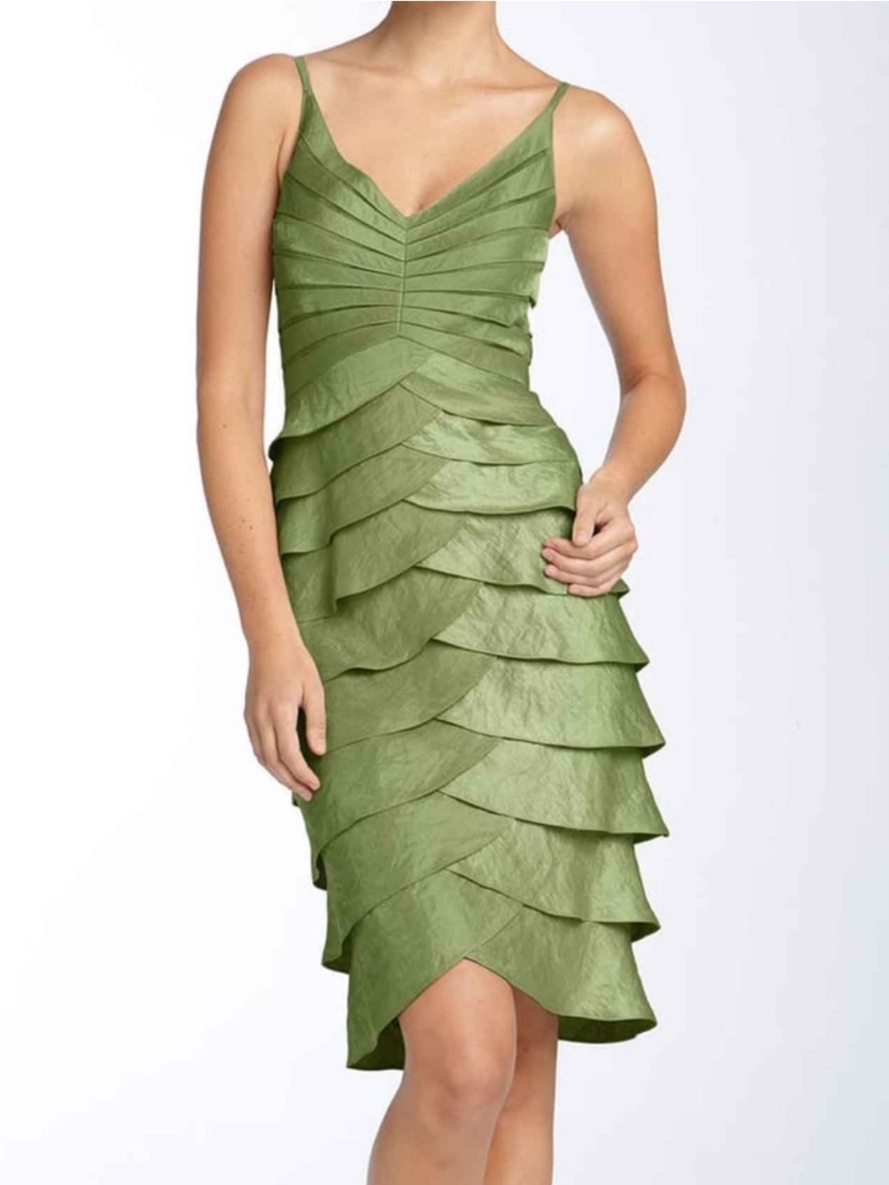 Adrianna Papell Olive Green Tiered Midi Dress